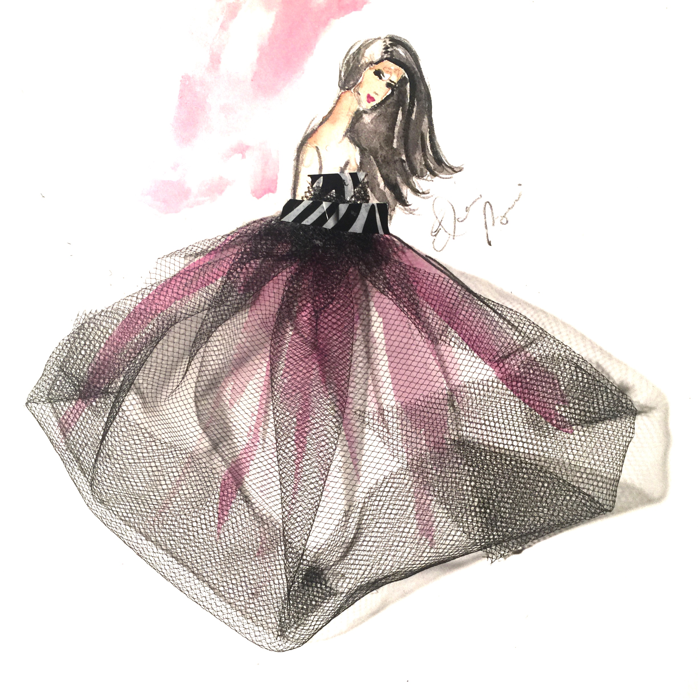 Watercolor and Tulle Dress Fashion Illustration • ELAINE LEON